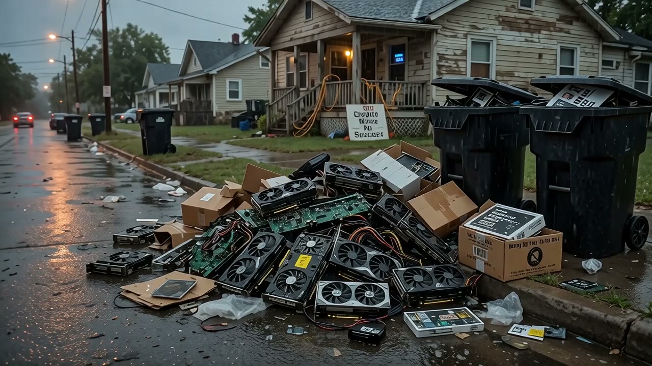 GPUs piled on a suburban curb after crypto mining collapse