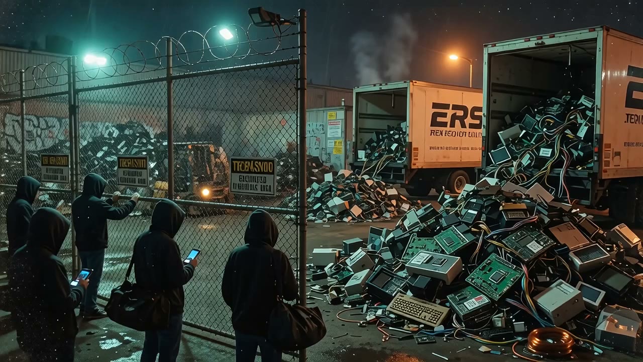 Silhouettes waiting at a scrap yard gate near dumped GPUs
